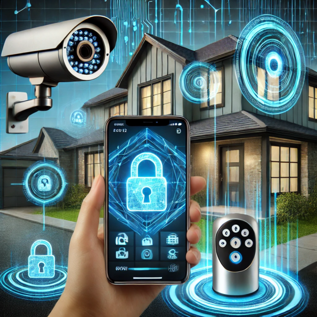 A futuristic smart home security system featuring AI-powered cameras, smart alarms, and WiFi locks. The image should show a modern house with blue holographic security overlays, including facial recognition, motion detection alerts on a smartphone, and a keyless entry smart lock. The scene should convey advanced technology and a safe, secure environment.