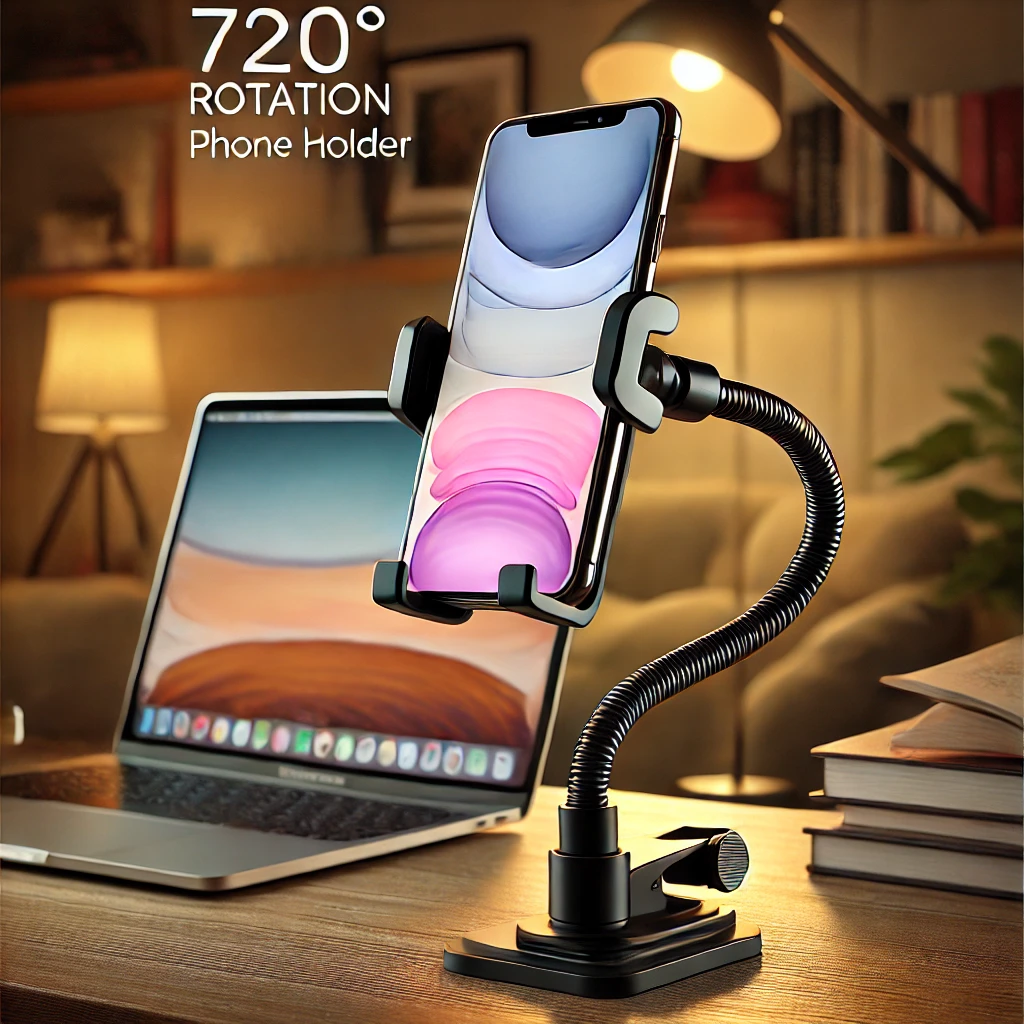 A sleek and modern 720° Rotation Phone Holder securely clamped to a desk. The phone holder features a flexible gooseneck arm and a smartphone in landscape mode displaying a video.