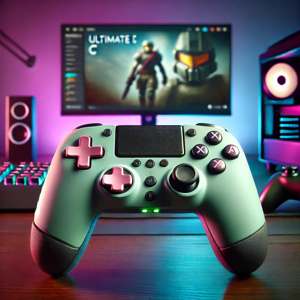 A stylish and ergonomic Ultimate C Gamepad in pastel green and purple, placed on a gaming desk. The controller features a classic D-pad, action buttons, and ergonomic grips.
