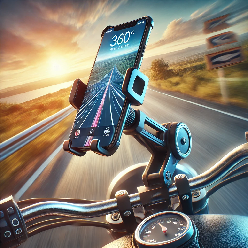 A high-quality 360° Rotating Bike & Motorcycle Phone Mount Holder securely attached to a motorcycle handlebar. The mount firmly holds a smartphone displaying GPS navigation