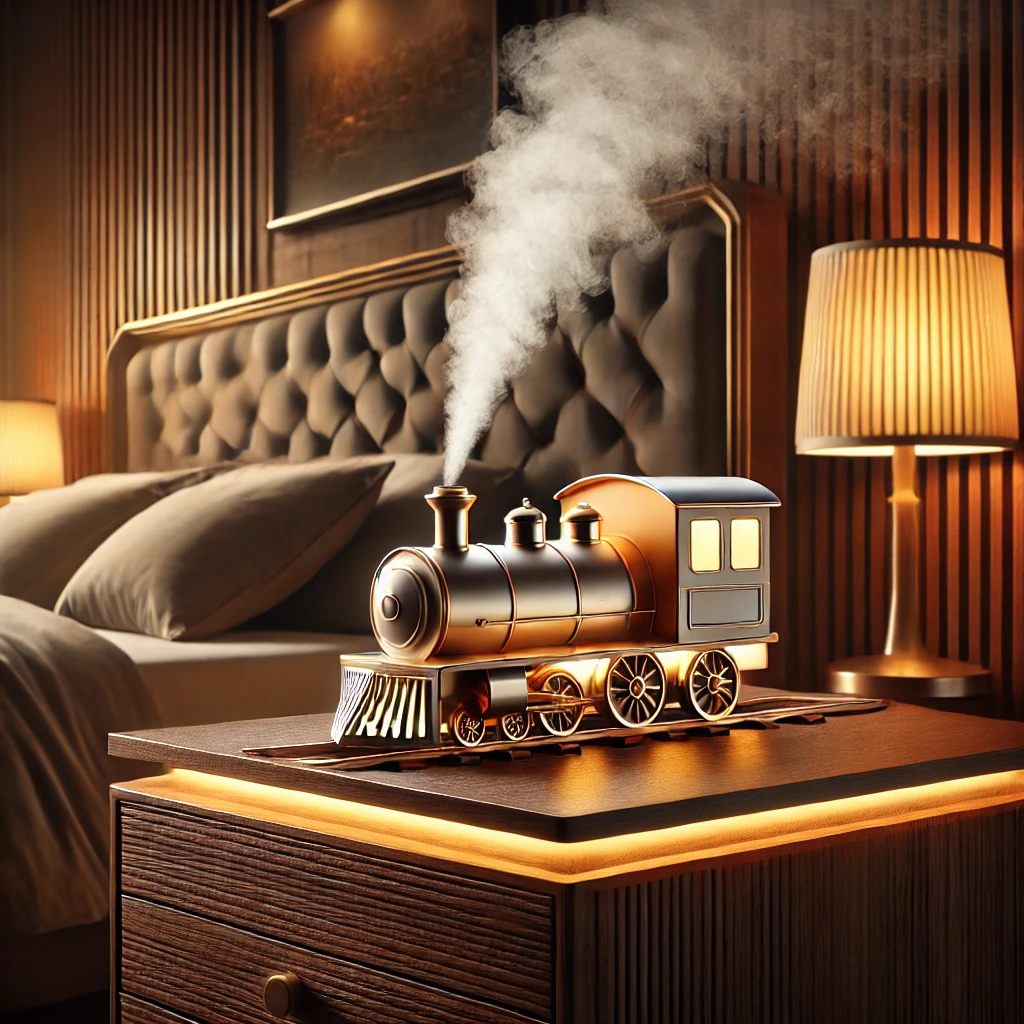 Train Air Humidifier & Aromatherapy Diffuser on a premium wooden bedside table, emitting a fine, natural mist with a soft golden glow. The device features a sleek, elegant train design with intricate details, a smooth matte finish, and gentle LED lights