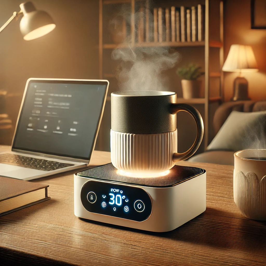 A modern and sleek Smart Electric Mug Warmer on a stylish wooden desk