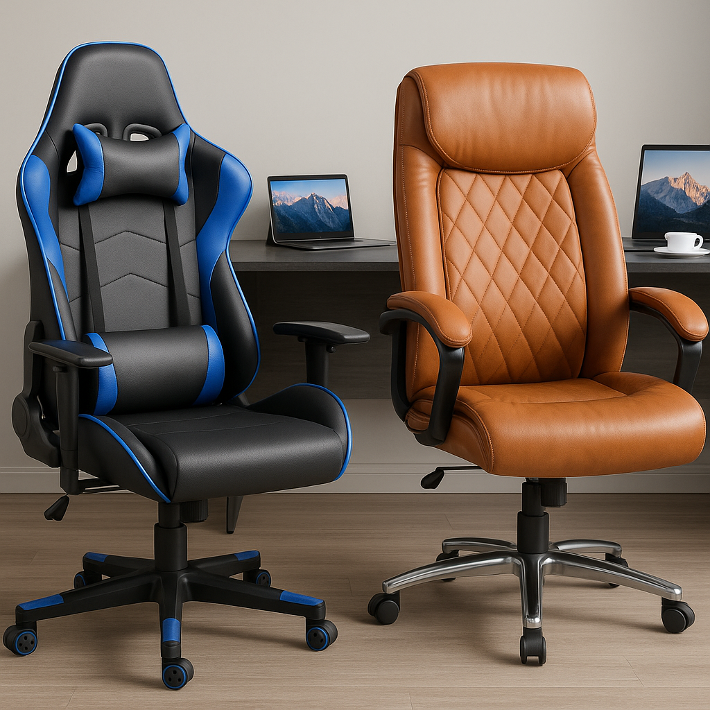 Side-by-side comparison of a black and blue gaming chair and a brown executive office chair in a modern workspace, highlighting differences in design and comfort.