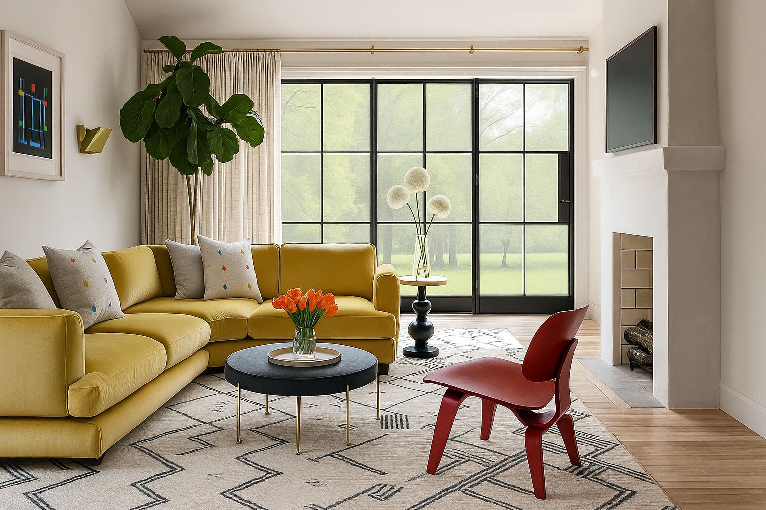 Contemporary living room with a vibrant yellow modular sectional sofa, patterned rug, black round coffee table with tulips, red accent chair, abstract wall art, gold sconces, large grid-style windows, and a tall fiddle-leaf fig plant in the corner