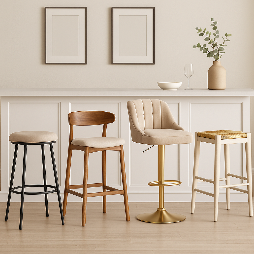 A high-resolution image of four bar stools in a modern kitchen setting, each showcasing a different style—industrial black metal, mid-century wood, glamorous velvet with gold base, and rustic wood with woven seat—against a white panelled island with neutral decor.