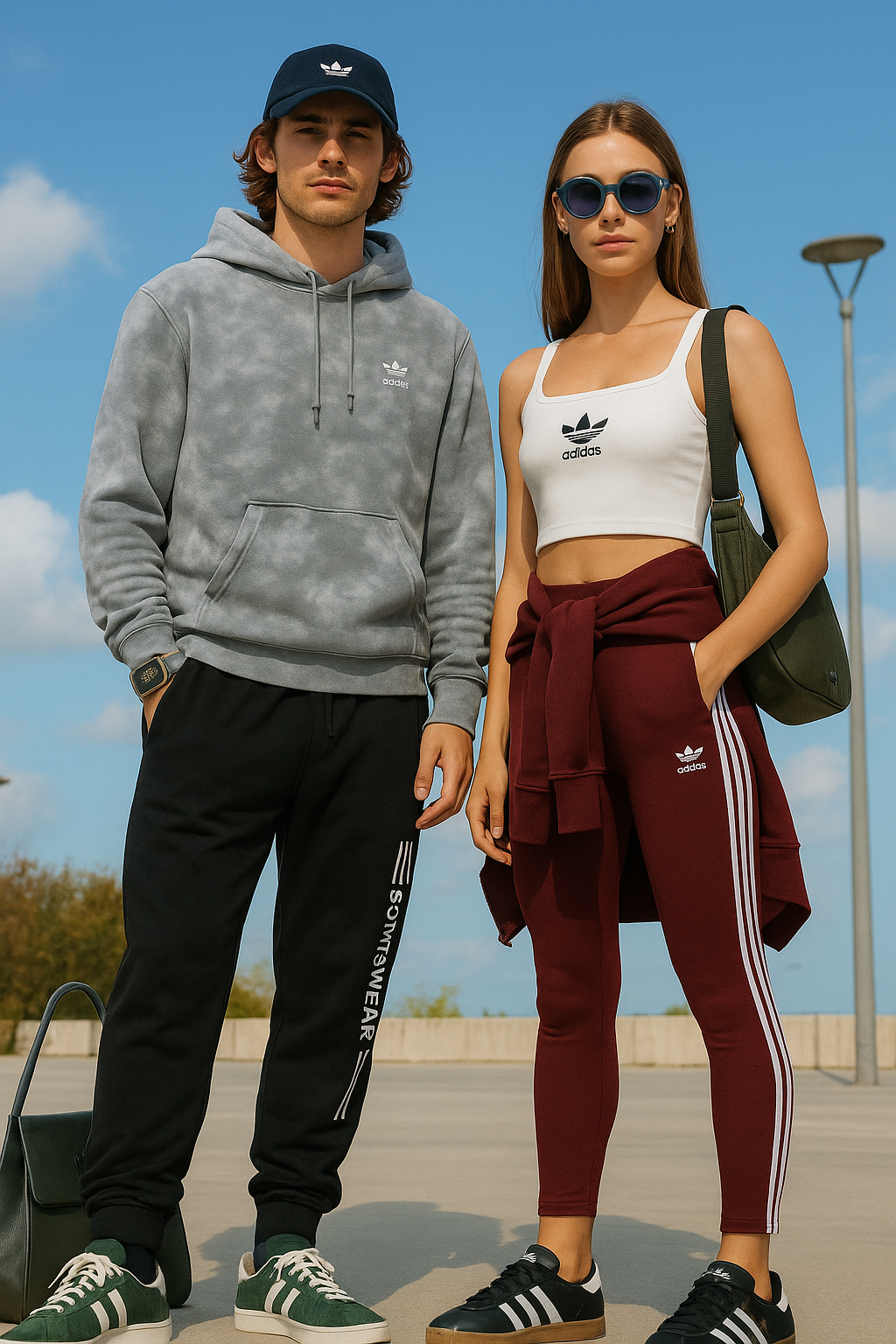 Two young adults wearing Adidas athleisure outfits in an outdoor setting. The man wears a gray tie-dye hoodie, black joggers with white Adidas branding, green Campus sneakers, and a navy cap. The woman wears a white crop top with the Trefoil logo, burgundy 3-stripe leggings, black Adidas Samba sneakers, and blue-tinted round sunglasses. Both pose confidently under a blue sky, showcasing the latest Adidas athleisure styles for 2025.
