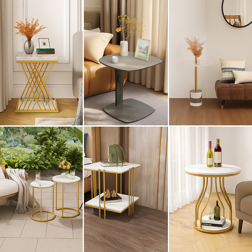 Collage of six stylish side tables under $100, featuring gold, marble, acrylic, and minimalist designs, each placed in a bright, tastefully decorated interior or patio setting.