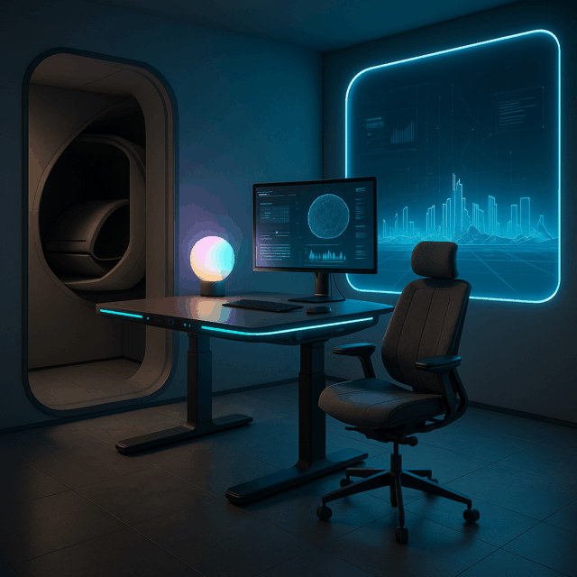 Futuristic home office with a high-tech adjustable desk, mood-sensing LED accents, ergonomic chair, AR wall display showing data and cityscape graphics, and a sleek foldable smart pod in the background, all illuminated with cool ambient lighting.
