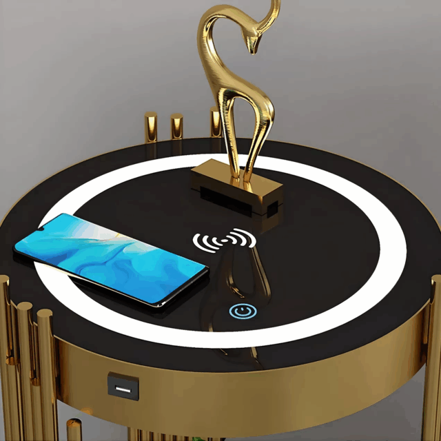 “Close-up of Nordic round smart nightstand with gold frame, glossy black tabletop, wireless charging pad, USB port, and decorative golden sculpture.