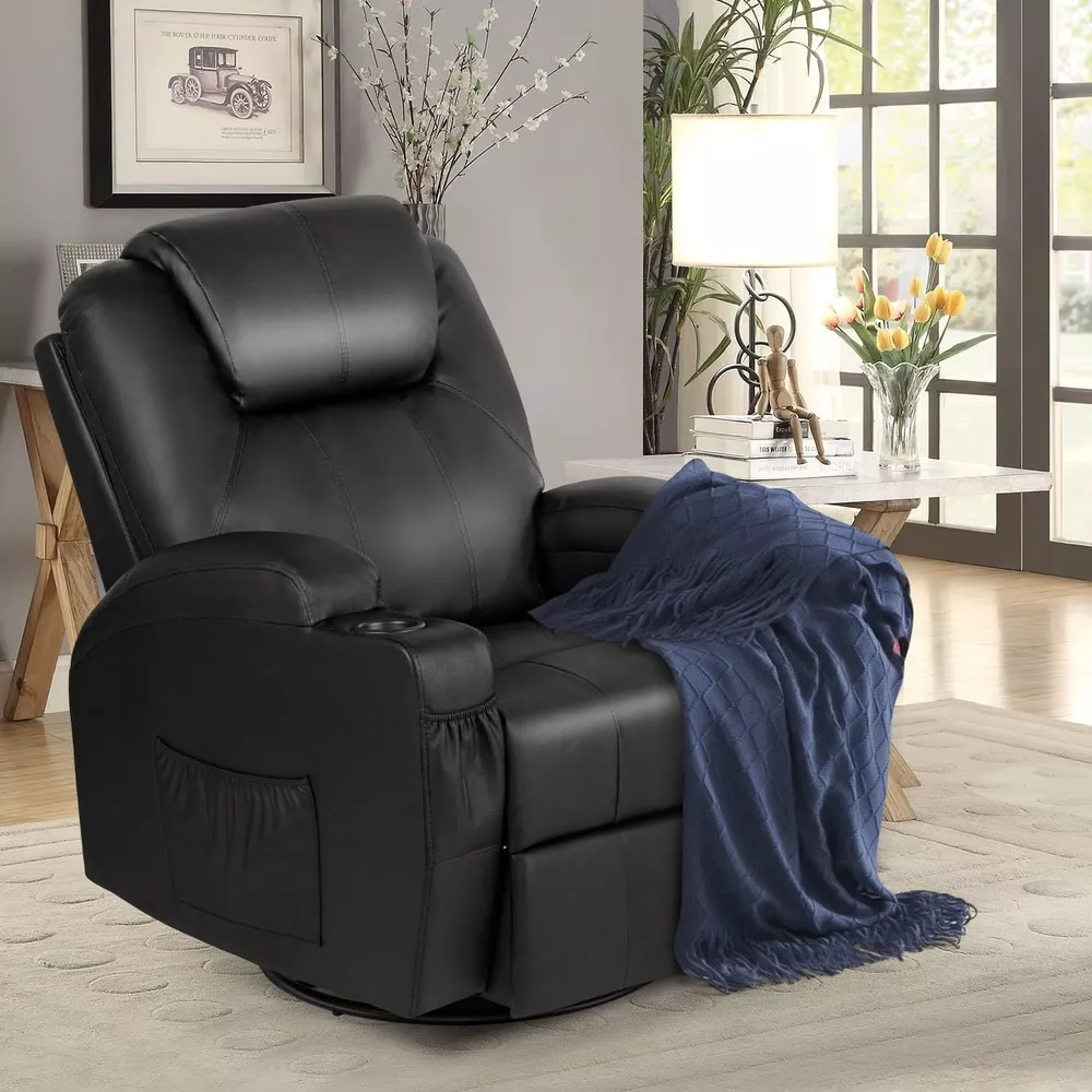 Black leather swivel rocker recliner chair with cup holders, side pocket, and blue throw blanket in a modern living room