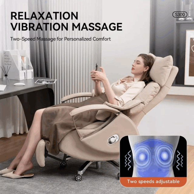 Woman reclining in a beige ergonomic office chair with massage and footrest, using two-speed vibration lumbar support for relaxation.
