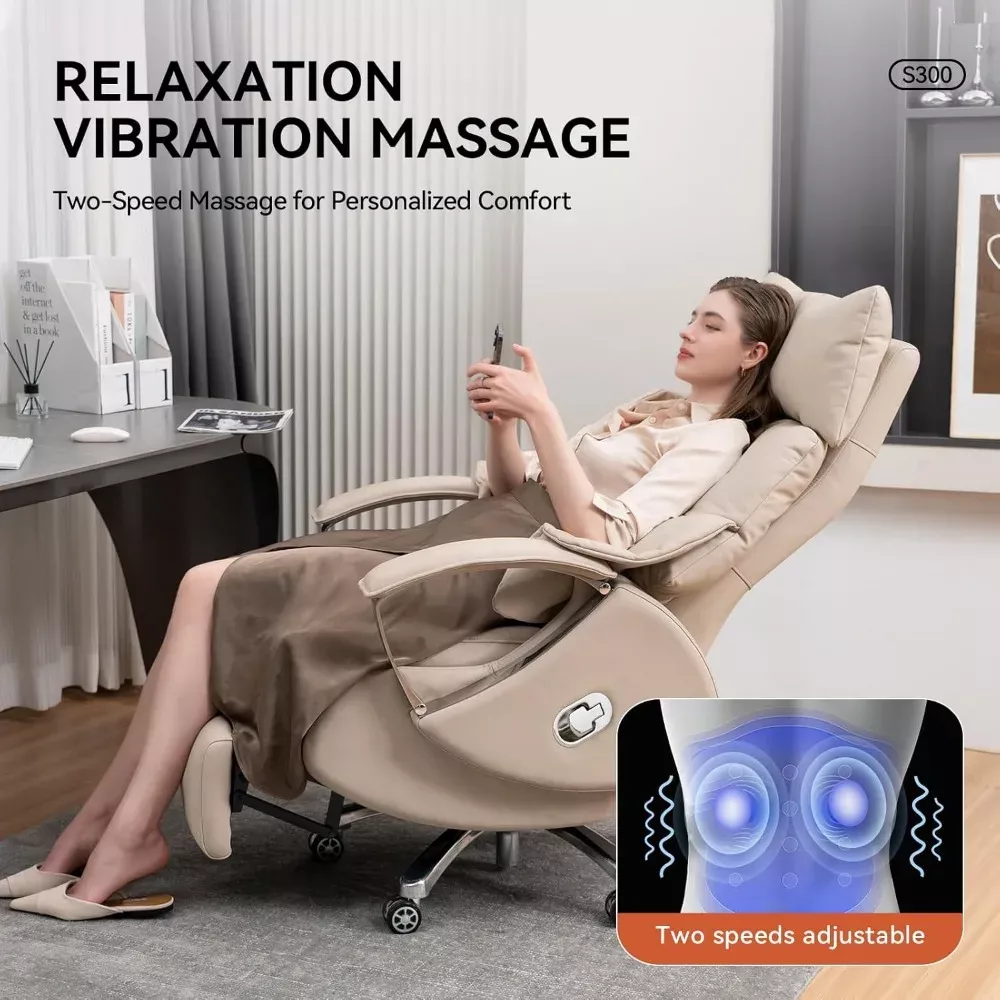 Woman reclining in a beige ergonomic office chair with massage and footrest, using two-speed vibration lumbar support for relaxation.