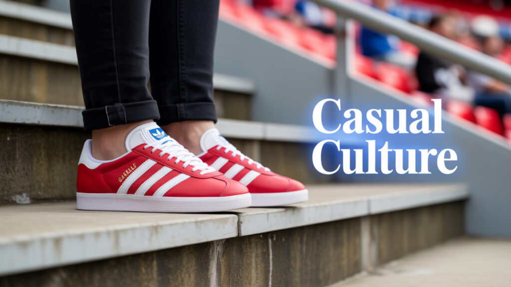 Adidas Gazelle sneakers in red suede worn on football terraces – 1980s casual culture style