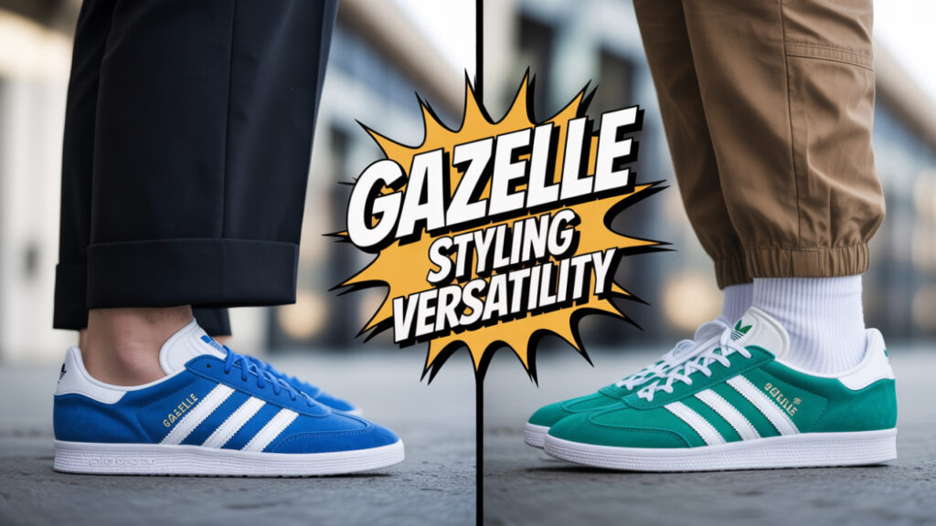 Adidas Gazelle green suede sneakers styled with beige trousers – versatile modern streetwear look