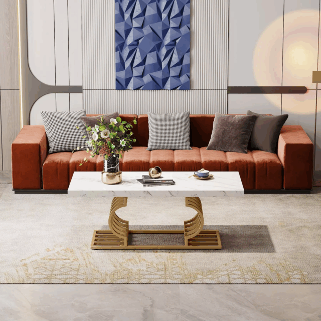 ultra Modern faux marble coffee table with gold geometric base