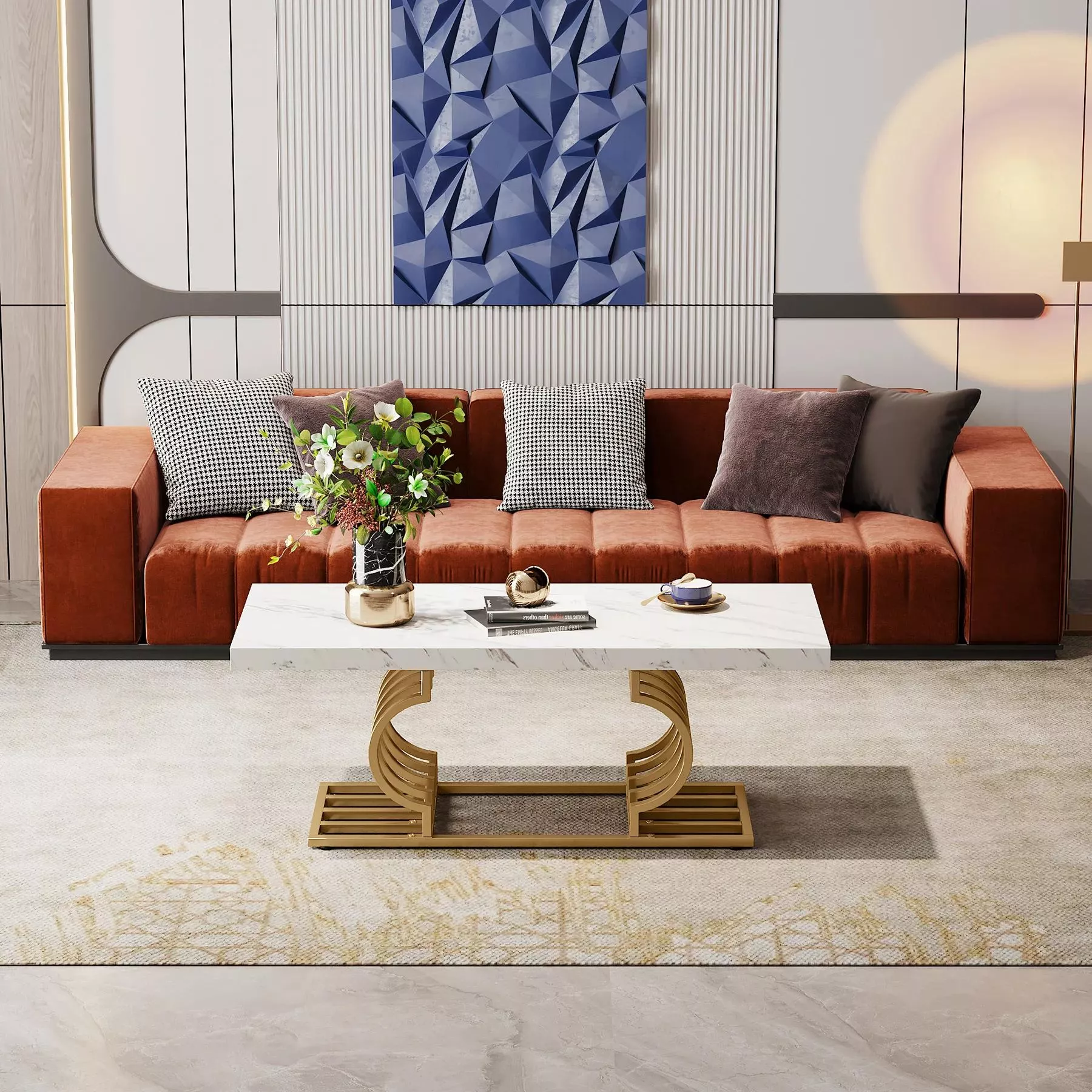 ultra Modern faux marble coffee table with gold geometric base