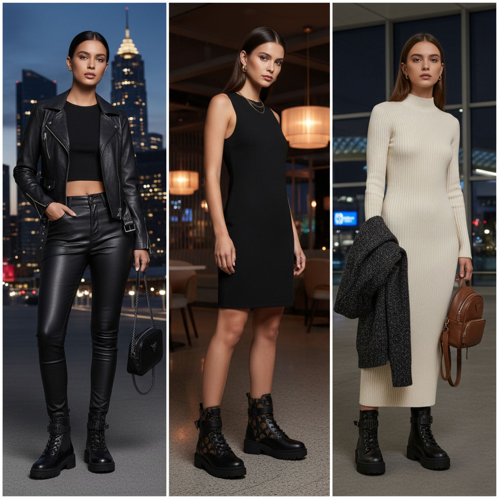A split-image collage featuring three women modeling different Guess boots with stylish outfits. The left image shows a woman in black lace-up combat boots, skinny leather pants, a crop top, and a moto jacket. The middle image shows a woman in black printed ankle boots with gold embellishments paired with a sleek black mini dress. The right image shows a woman in tall fall/winter boots with chunky soles, worn with a knit bodycon dress.