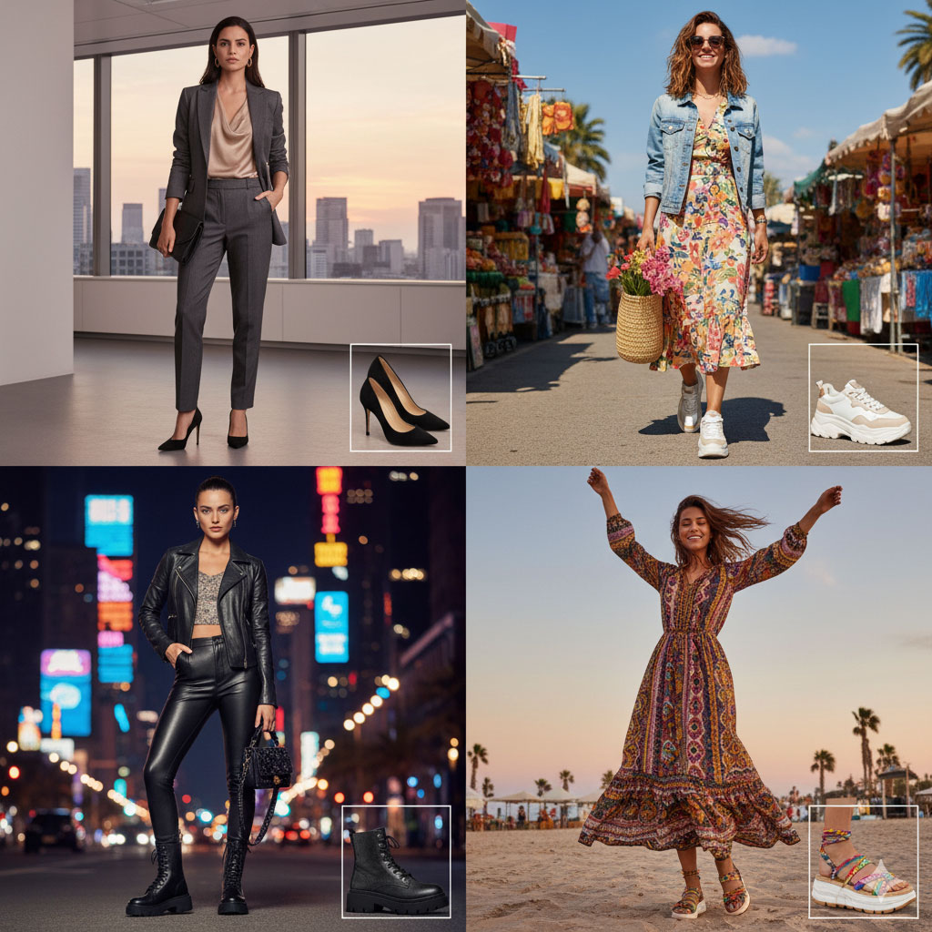 A four-panel split image showcasing different Guess footwear styled for various occasions. Top Left: Pumps paired with structured workwear (pantsuit). Top Right: Sneakers paired with casual weekend wear (jeans/light dress). Bottom Left: Combat boots styled for nightlife (dark, edgy outfit). Bottom Right: Sandals paired with summer vacation attire (flowy dress).