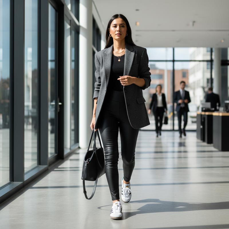 A confident woman wearing a gray blazer, black CK leggings, and white Adidas Gazelle sneakers walks down a sunlit, modern office hallway.