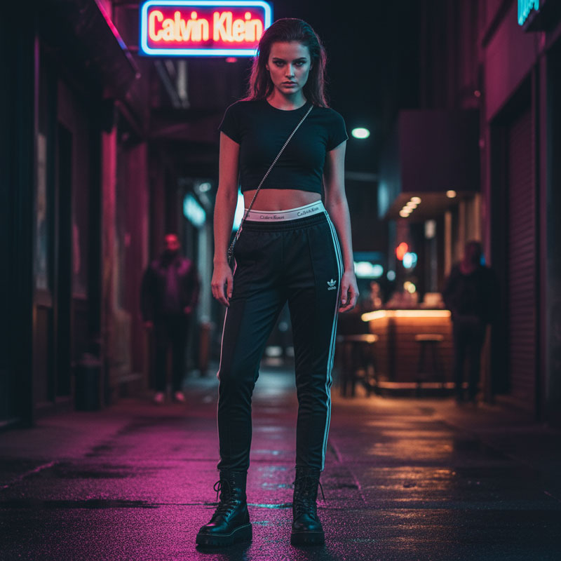 A woman in black Adidas track pants, a fitted CK crop top, and chunky black combat boots stands under a neon light in an urban setting.