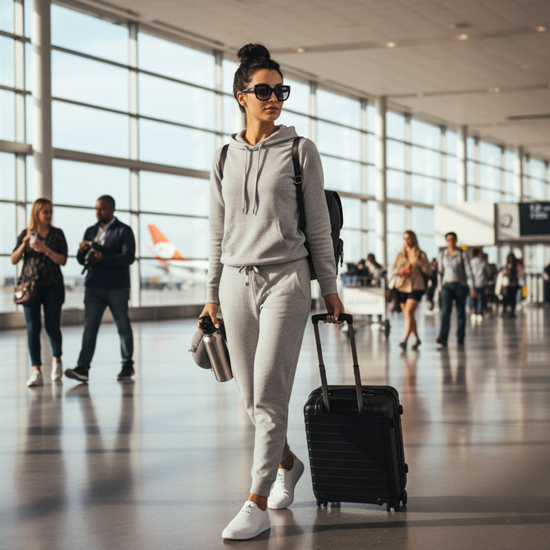 A stylish woman wearing a gray Calvin Klein breathable hoodie and matching joggers, white Adidas slip-on shoes, and large, dark sunglasses, pulling a carry-on suitcase through an airport terminal.