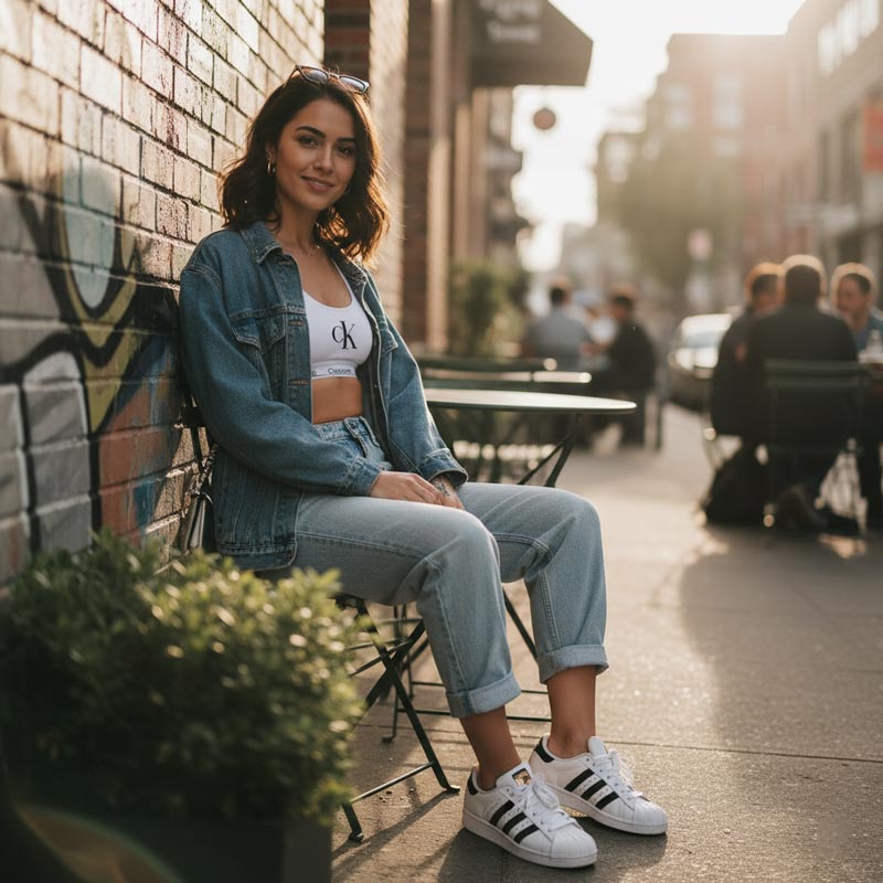A woman in a white Calvin Klein sports bra, light wash denim jacket, jeans, and Adidas Superstar sneakers sits outside a cafe in warm sunlight.