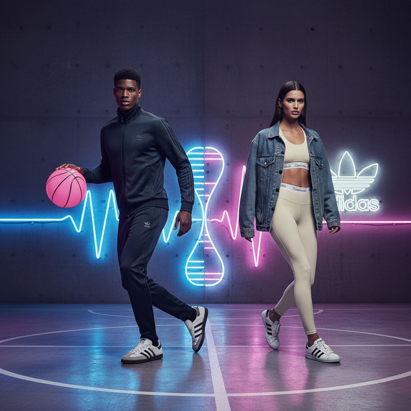 A stylish woman in black Calvin Klein athleisure wear and white Adidas sneakers, posing against a sleek, modern, brightly lit urban backdrop, symbolizing the fusion of sport and minimalist fashion.