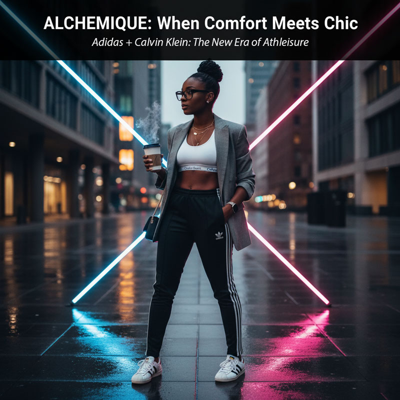 A stylish woman in an athleisure outfit featuring a white Calvin Klein sports bra, black Adidas track pants, a gray blazer, and white Adidas sneakers, holding coffee on a city street at night with neon lights.