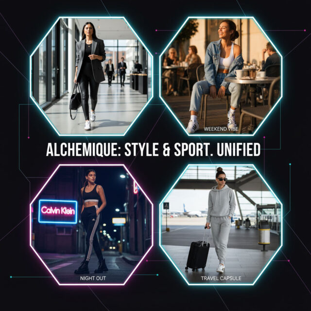 Four-panel collage showing a woman wearing different outfits that fuse Calvin Klein style with Adidas sport; looks include a gray blazer/sneakers for the boardroom, a comfortable sweatshirt/joggers for travel, a stylish black dress/sneakers for a night out, and a denim/sweater combo for the weekend.