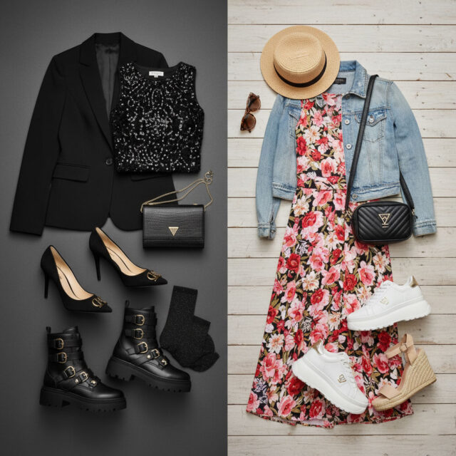 A split flat lay thumbnail showing Guess footwear versatility: on the left, dark night/workwear (black blazer, pumps, combat boots); on the right, bright casual wear (floral dress, denim jacket, white sneakers, espadrille sandals).