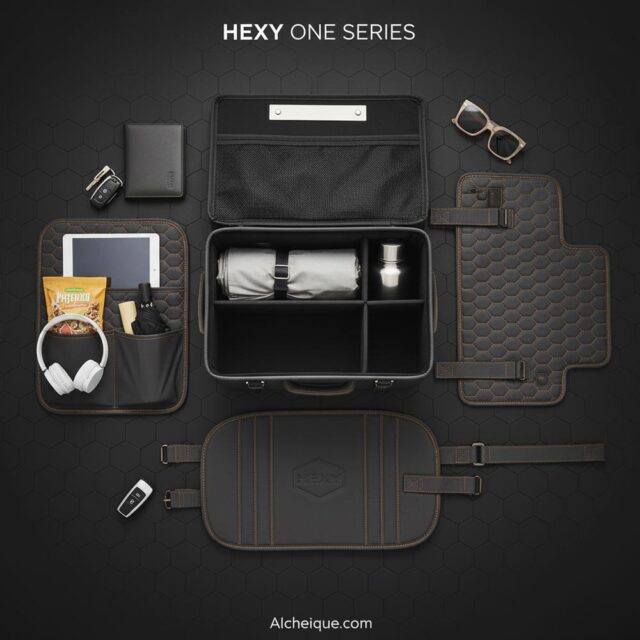 Overhead flat lay showing the complete HEXY ONE Series: including the three-compartment Trunk Organizer (open), the Car Seat Organizer with pockets, and the Kick Mat. The accessories feature black PU leather with contrast hexagonal stitching and are styled with a tablet, headphones, and car keys